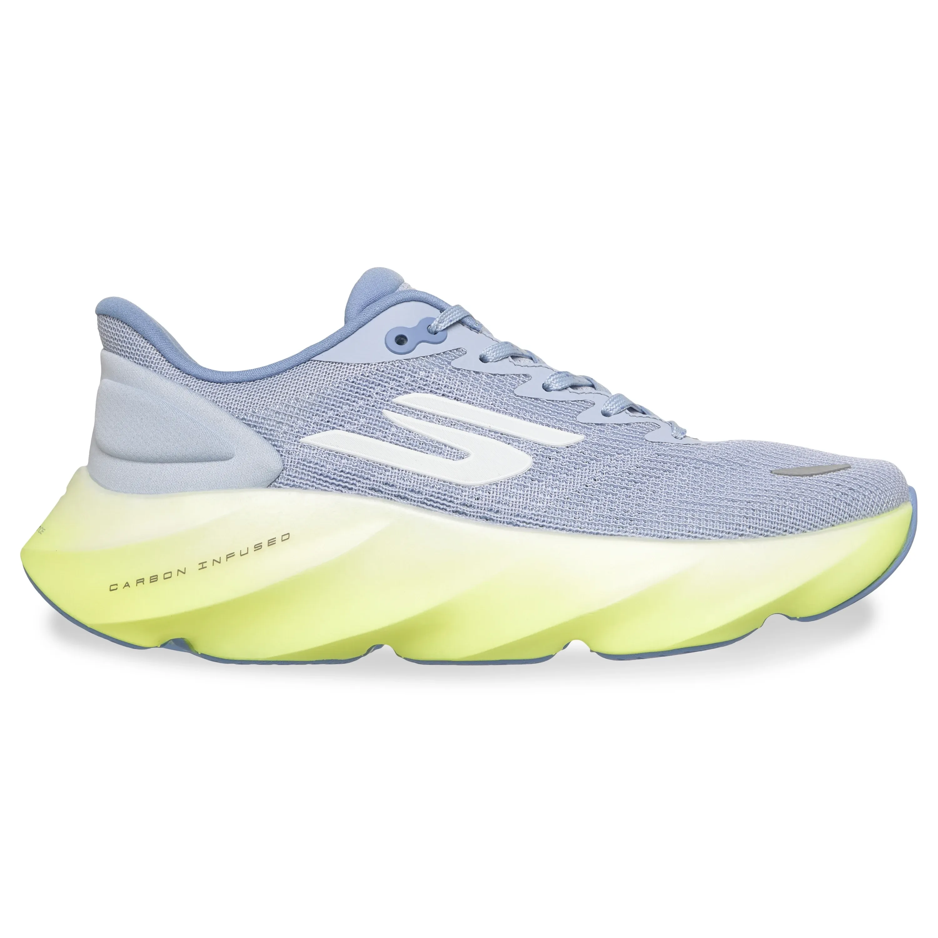 Tênis Running Skechers feminino lilás com detalhes em amarelo, vista frontal